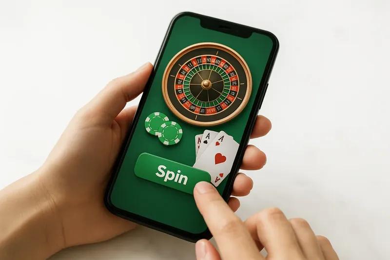 Close-up of hands holding smartphone with casino app on marble surface