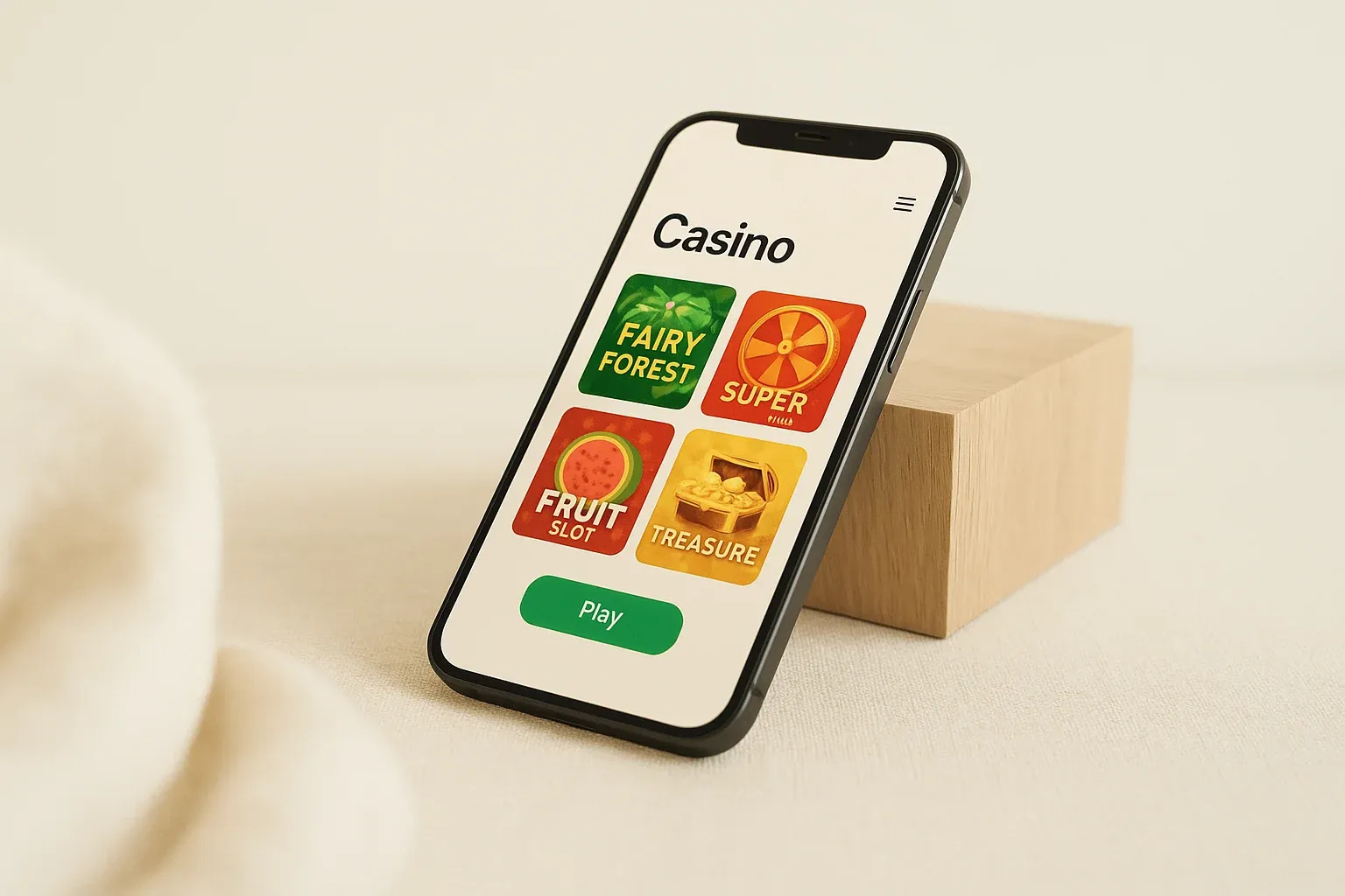 Smartphone displaying light casino app interface on cream background