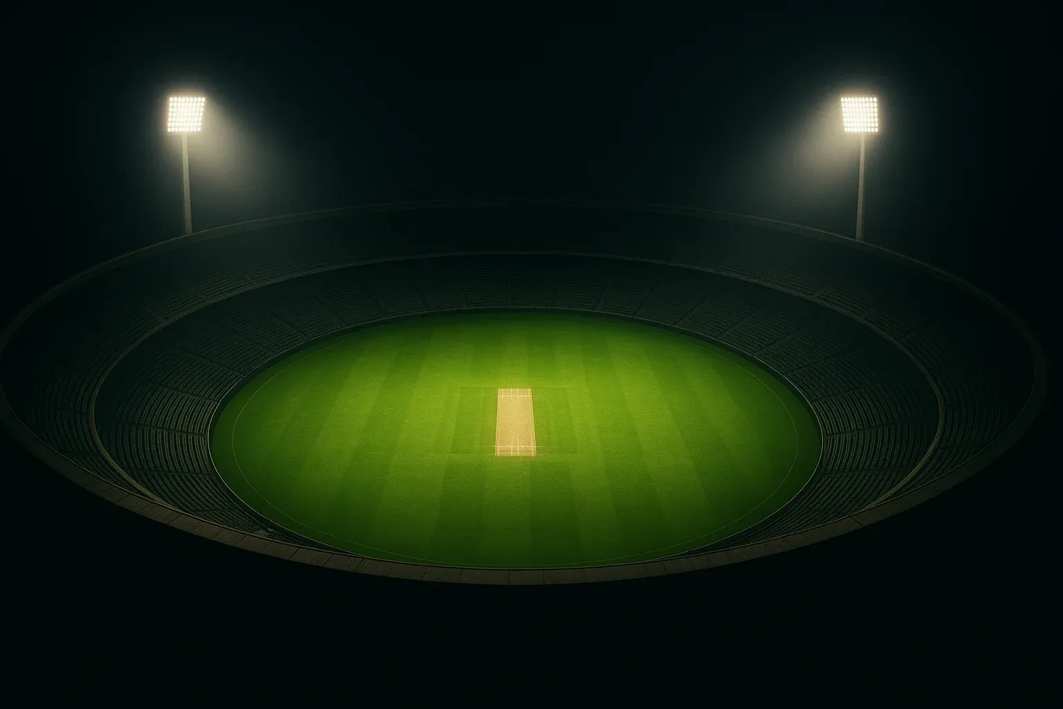 Aerial view of cricket stadium at night with bright floodlights