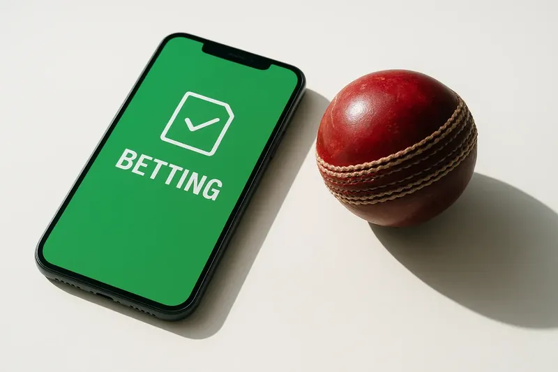 Smartphone with betting app beside cricket ball on white background