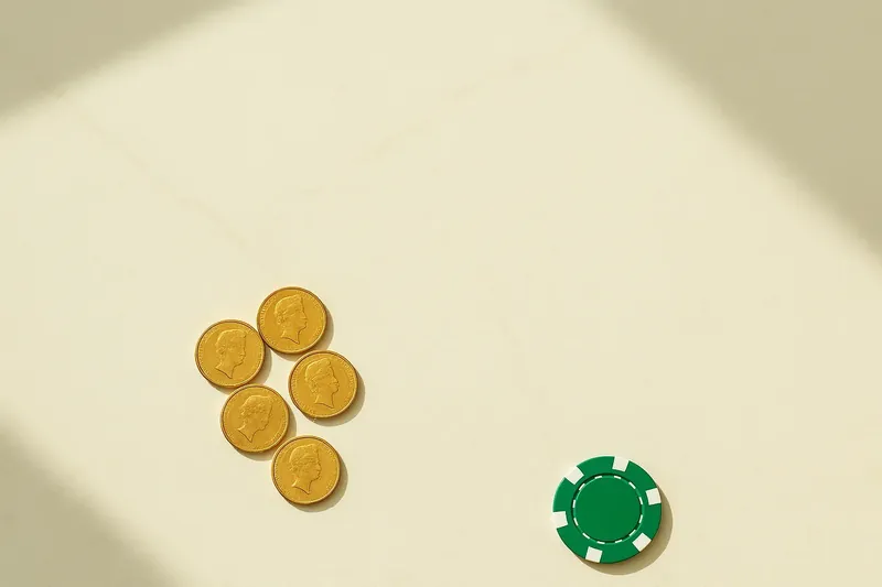 Five gold coins on cream marble with poker chip edge