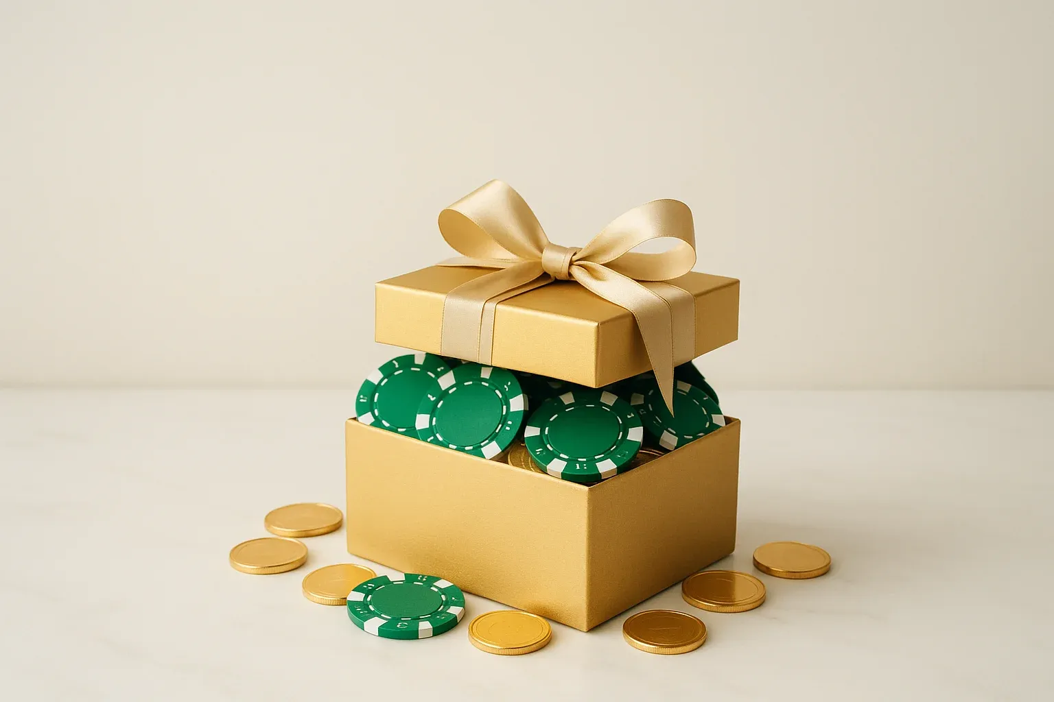Golden gift box overflowing with poker chips and gold coins