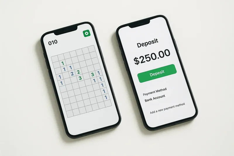 Two smartphones on cream background showing game grid and deposit screen
