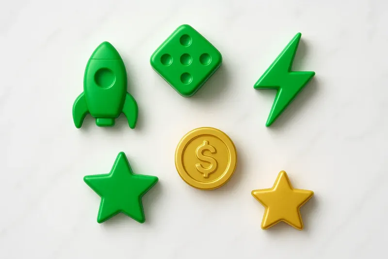 Five 3D instant game symbols on white marble flat lay