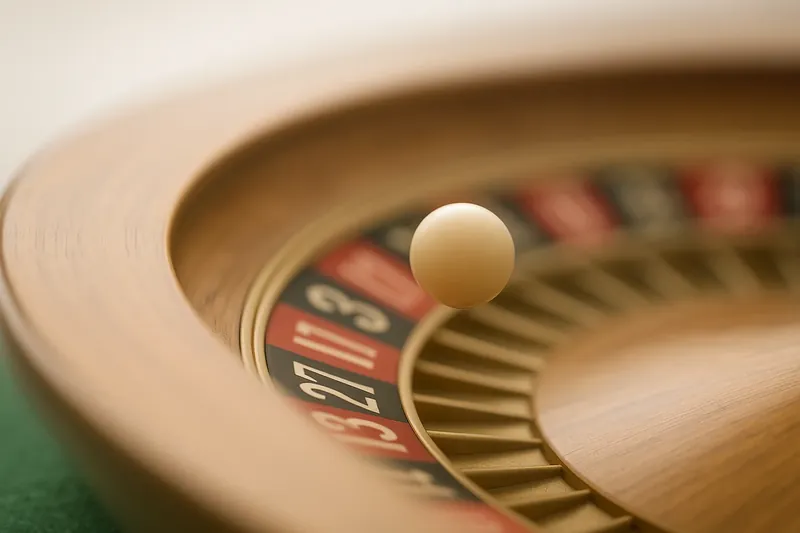 Roulette ball frozen mid-roll on wheel rim with blurred numbers