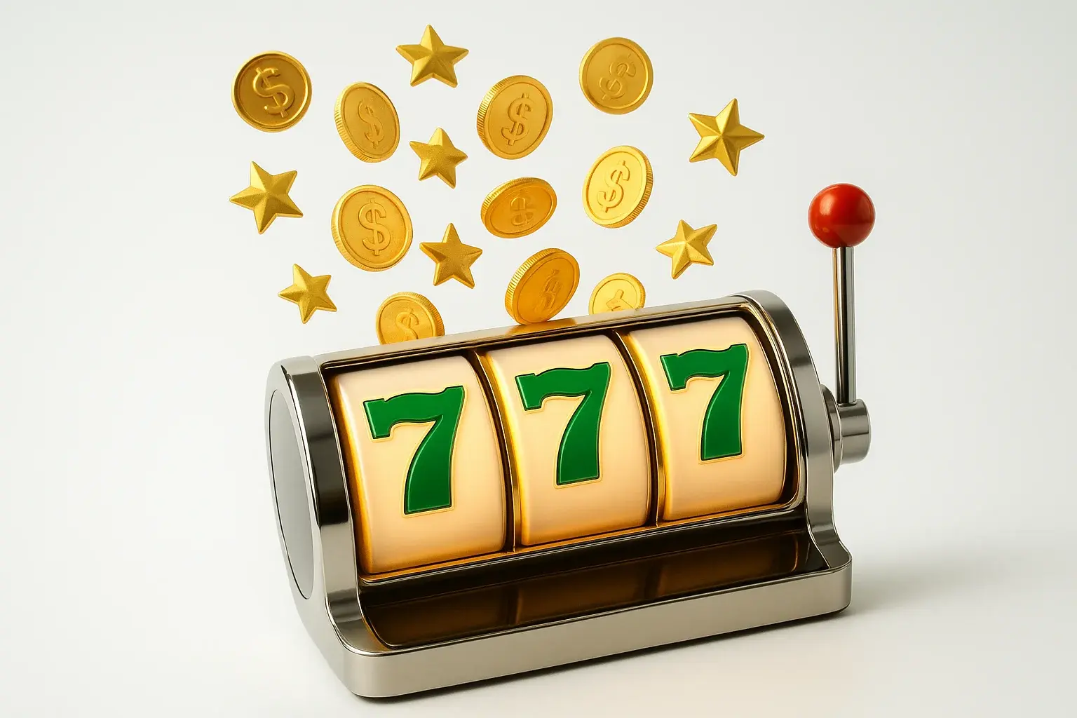 Slot machine jackpot with floating coins and stars on white background